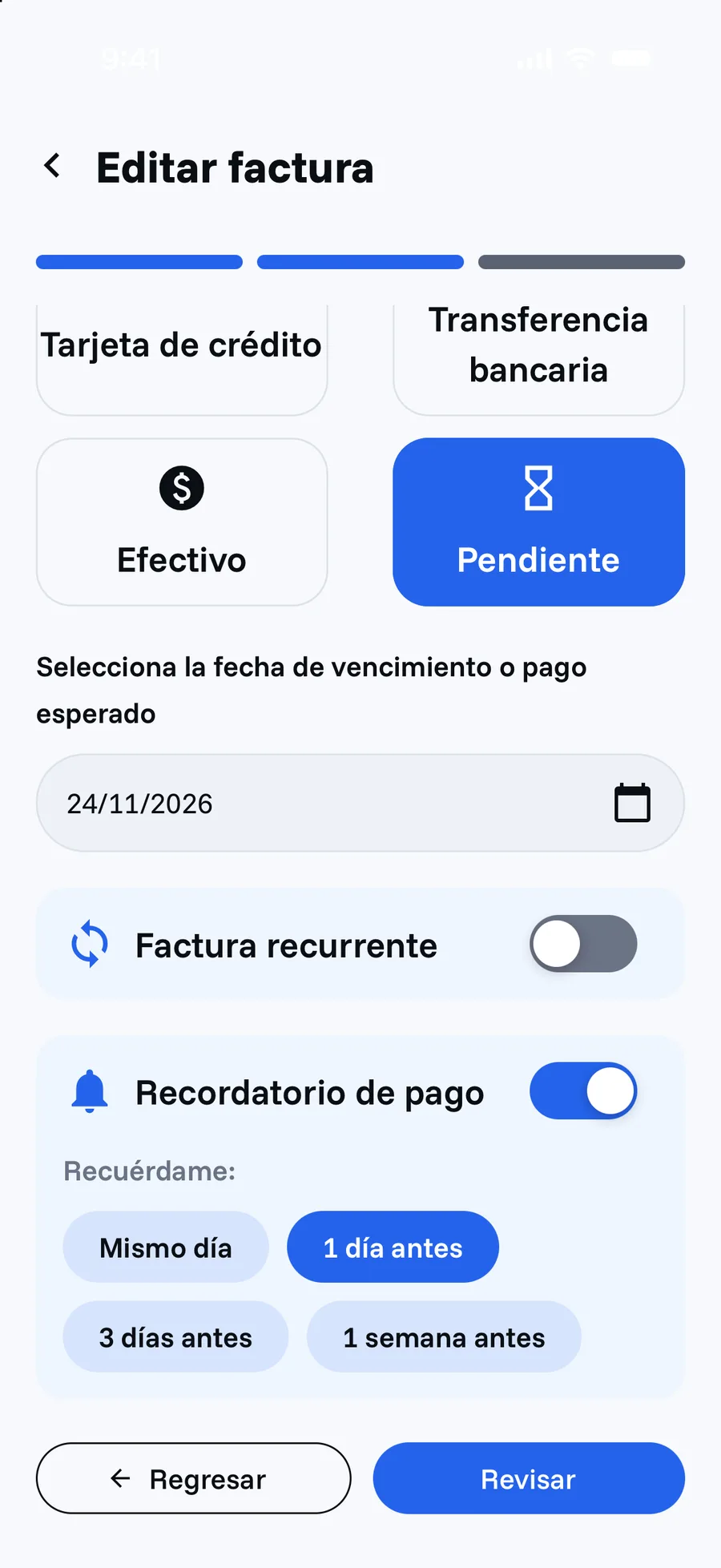 Pantalla de Recordatorios en Cifria